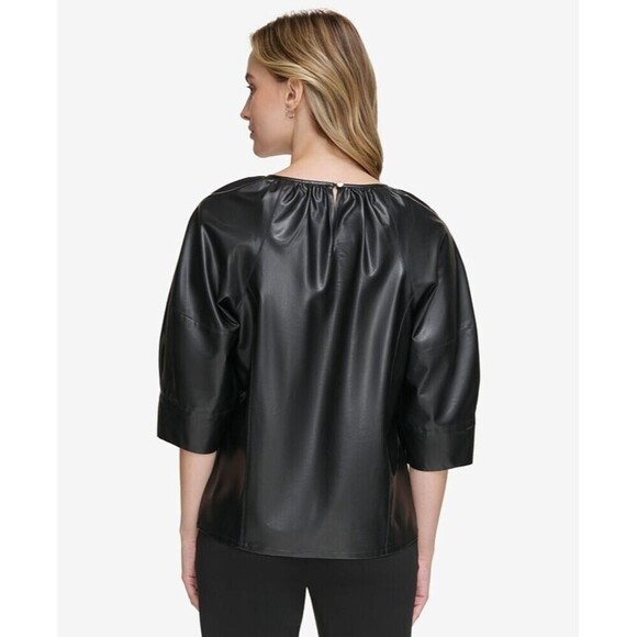 Calvin Klein Women's Short-Sleeve Faux-Leather Top Blouse Black Size Large - Picture 3 of 4